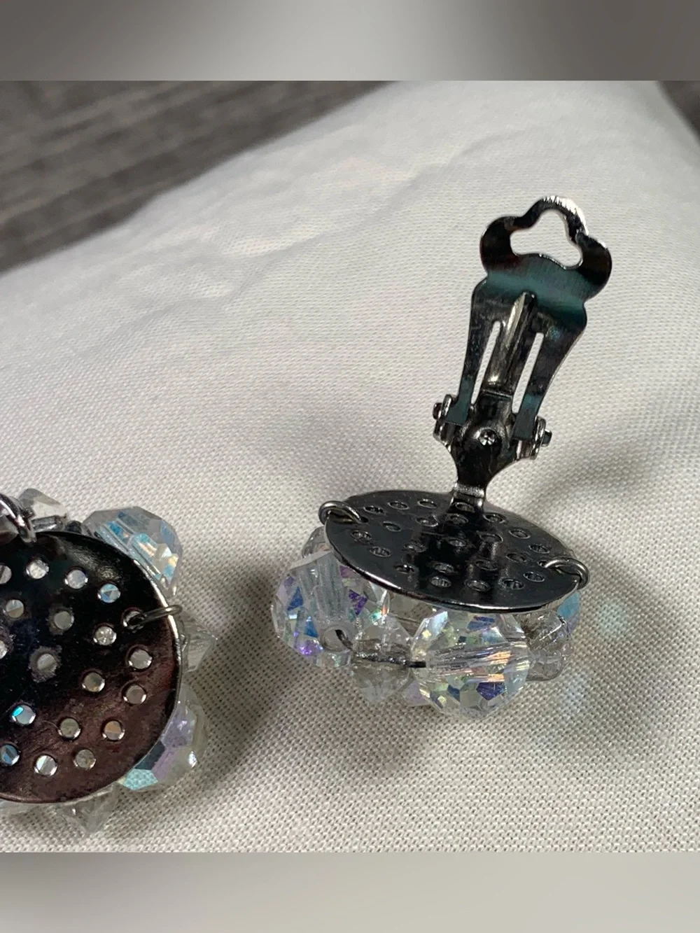 Vintage Beaded Cluster AB Iridescent Clip On Earrings Clear